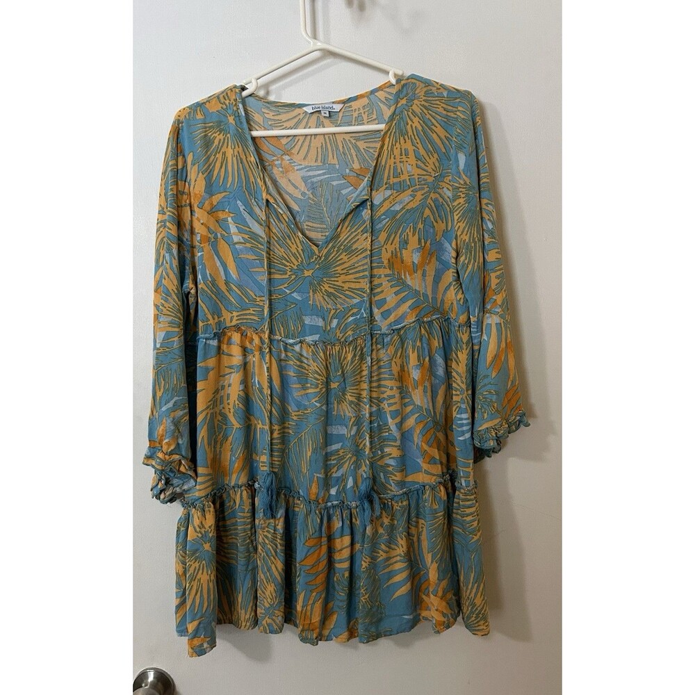 Blue Island Women's M Blue/Orange Tropical V-Neck Long Sleeve Tunic Rayon Blouse
